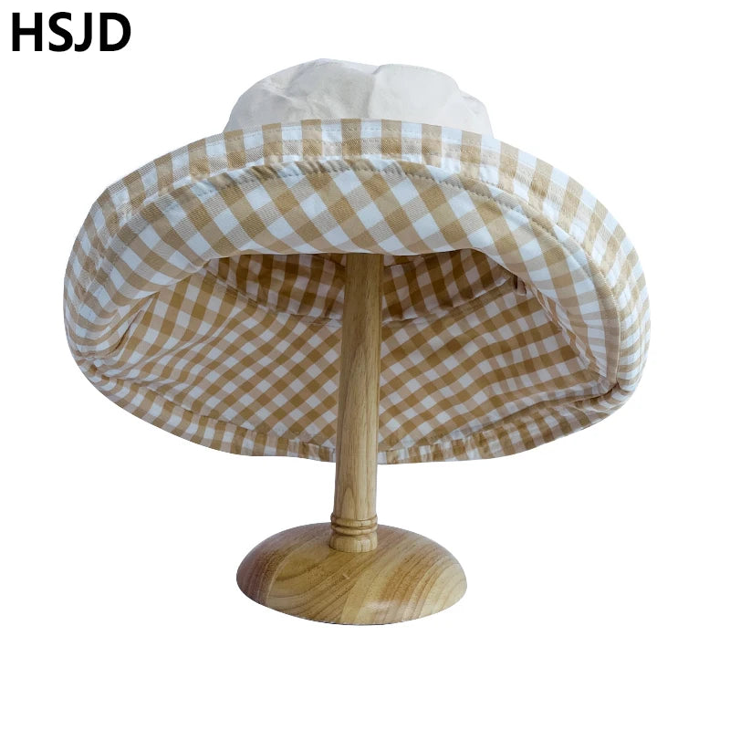 Summer Women Double-sided Cotton Linen Plaid Sun Hat Elegant Big Wide Brim Foldable Anti-UV Beach Sun Floppy Hats Flat Caps Bob