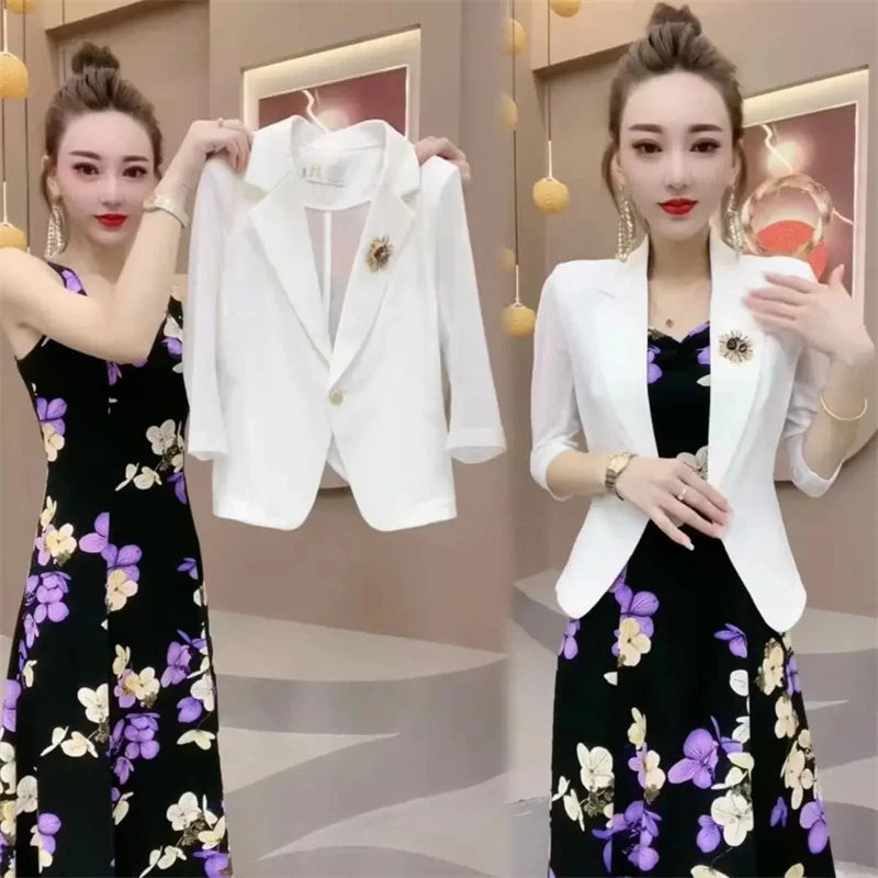 Popular High-End Brooch Blazer Slip Dress Suit Jacket Women's Summer Fashion Blazer Suit Skirt Two-Piece Set Sling Print Dress