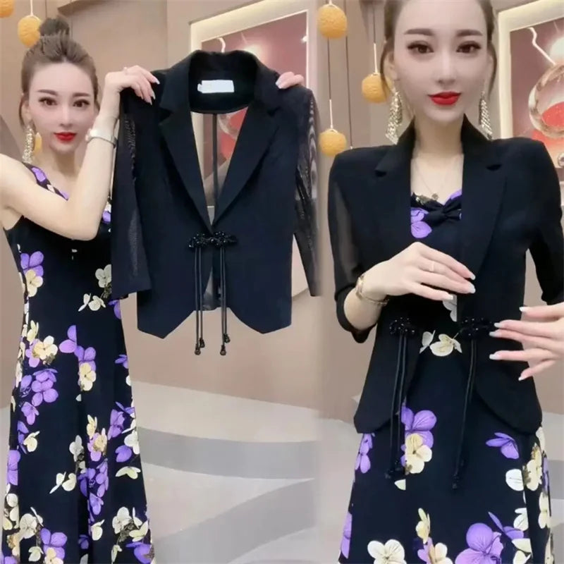 Popular High-End Brooch Blazer Slip Dress Suit Jacket Women's Summer Fashion Blazer Suit Skirt Two-Piece Set Sling Print Dress