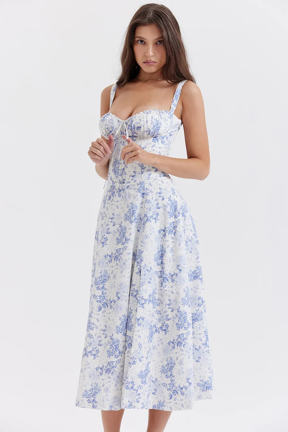 Floral Printed Women Dress Summer Elegant Solid Slim Sleeveless Slip Female Side Split Waist Lady A-line Robe Sexy White Dresses