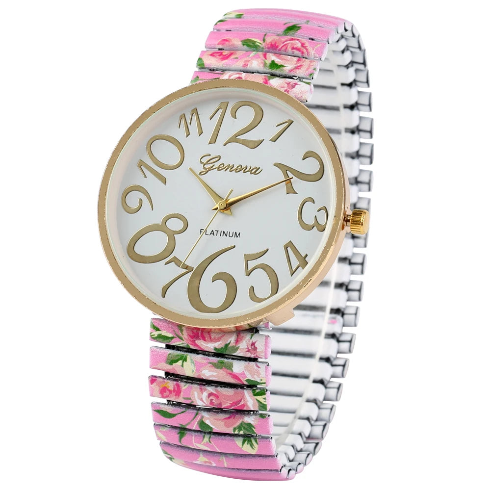 Fashion Women Quartz Watch Large Arabic Number Dial Ladies Wristwatch Unique Elastic Printing Strap Girls Watches Reloj Mujer