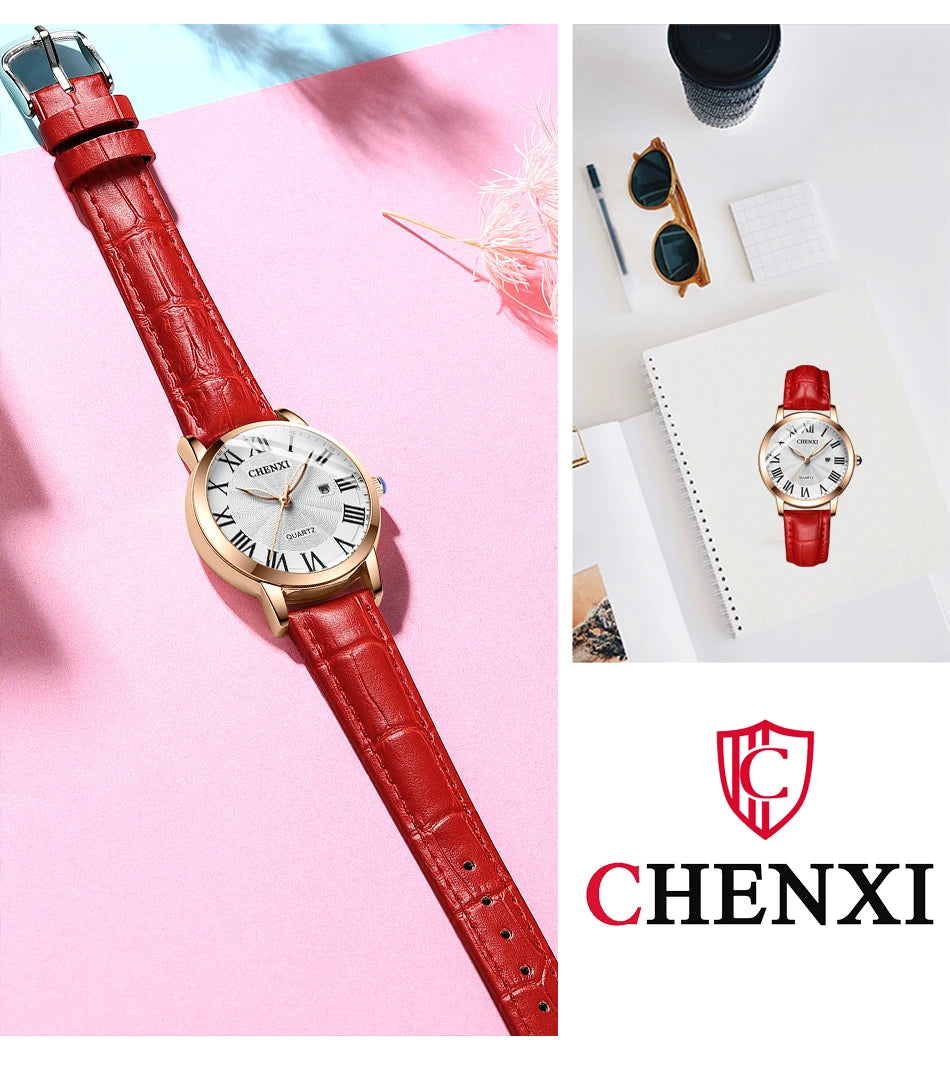 CHENXI Leather Quartz Ladies Watches Top Brand Luxury Casual Watch for Women Waterproof Fashion Leather Analog Womens Wristwatch