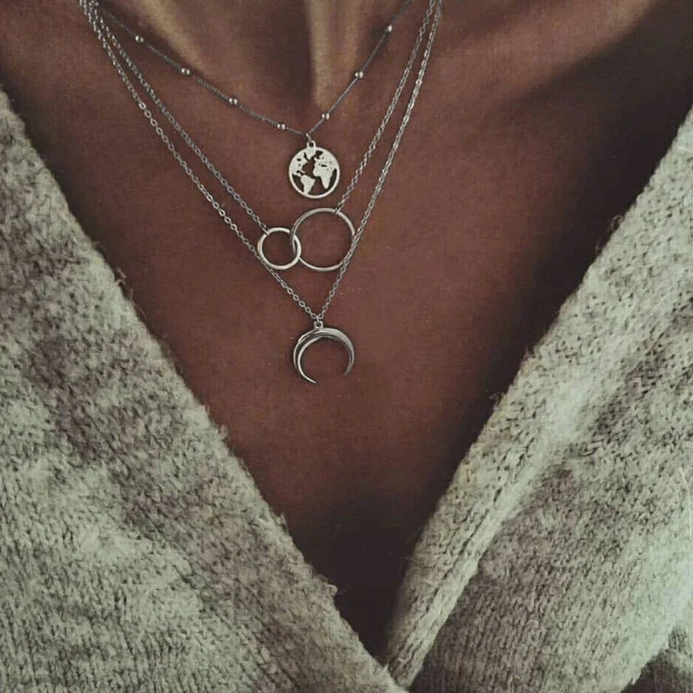 Vintage Necklace for Women on Neck Silver Chain Necklace Bohemian Multilayer Coins Necklace Girls Collier Femme Collares Jewelry