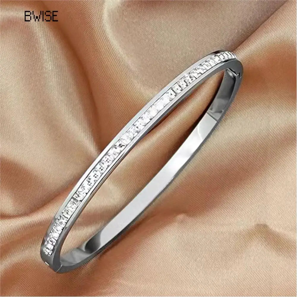 Bwise Ins Style Stainless Steel Bracelet Jewelry Inlaid Cubic Zircon Bracelet Bangles for Women Waterproof Trendy Christmas Gift