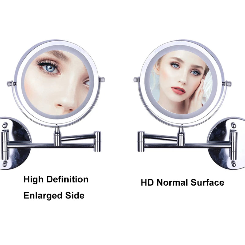 Wall Mounted Folding Arm Extend Bathroom Mirror With LED Light 10X Magnification Double Side Touch Dimming Makeup Mirrors