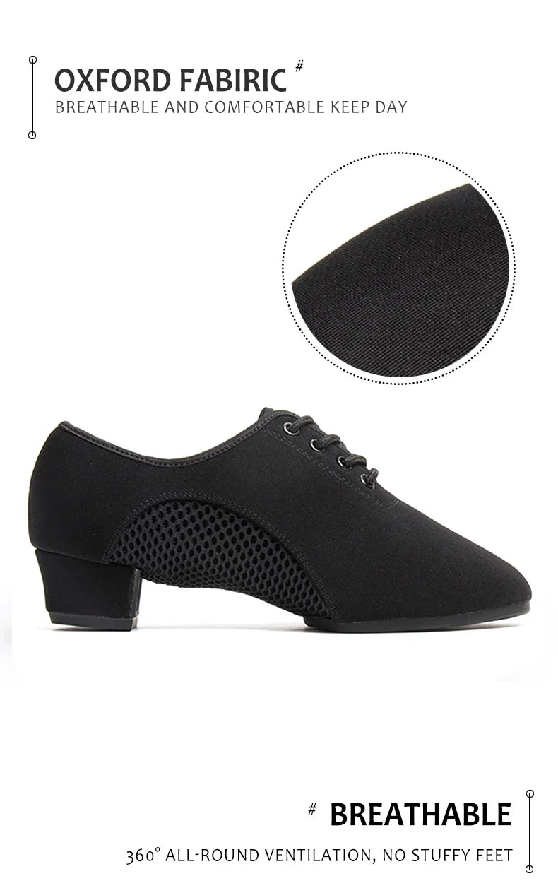 2024 New Arrival Oxford Cloth Latin Dance Shoes Unisex Air-Mesh Breathable Ballroom Shoes 3.5CM Heel Lace-Up Design Tango Jazz