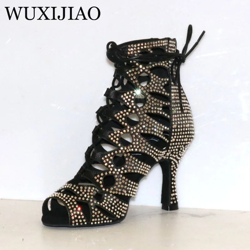 WUXIJIAO European and American rhinestone strap dance boots high heels nightclub dance jazz boots pole dance Latin dance shoes