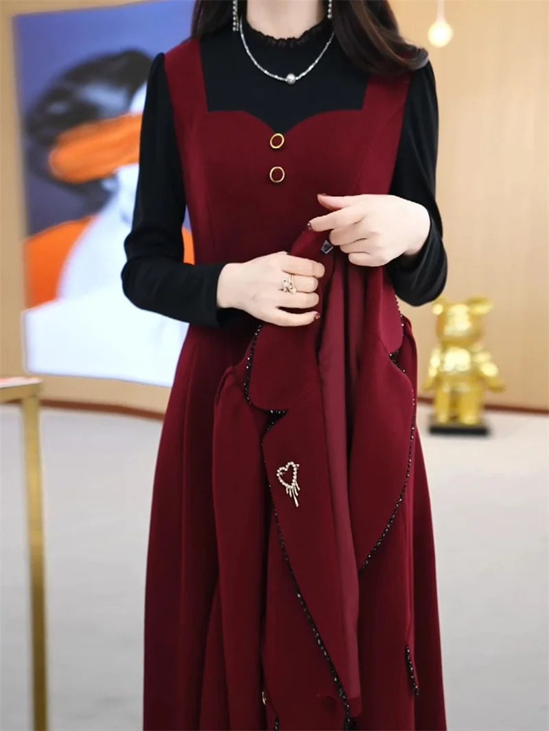 High End Suit Jacket Dress Two-piece Set Women 2024 Spring Autumn Winter New Advanced Red Blazer Coat Long Dress Female Outfit