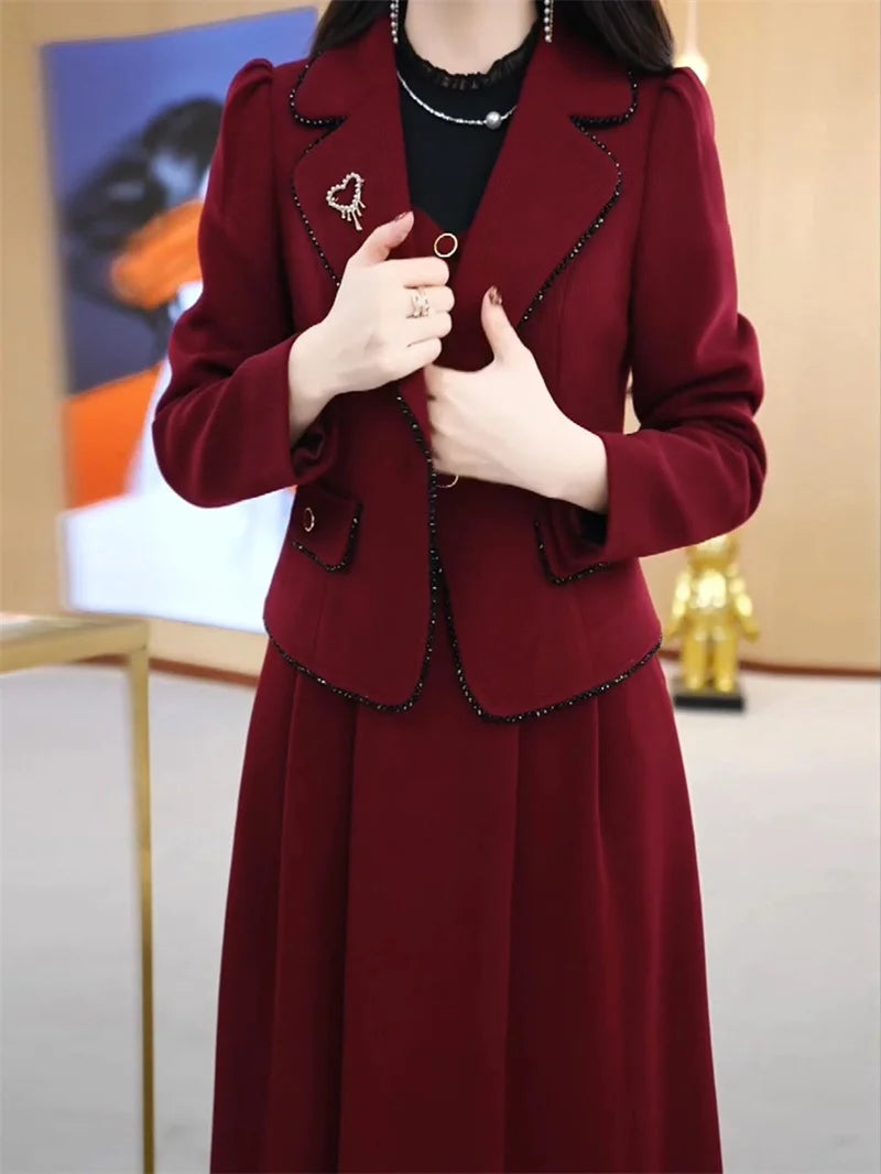 High End Suit Jacket Dress Two-piece Set Women 2024 Spring Autumn Winter New Advanced Red Blazer Coat Long Dress Female Outfit