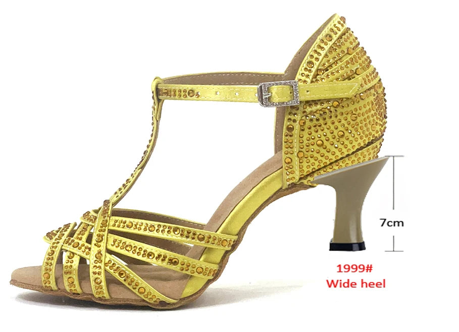 WUXIJIAO Classic Yellow Satin Latin Dance Shoes British Style Water Diamond Dance Shoes Sasha Tango Dance Shoes