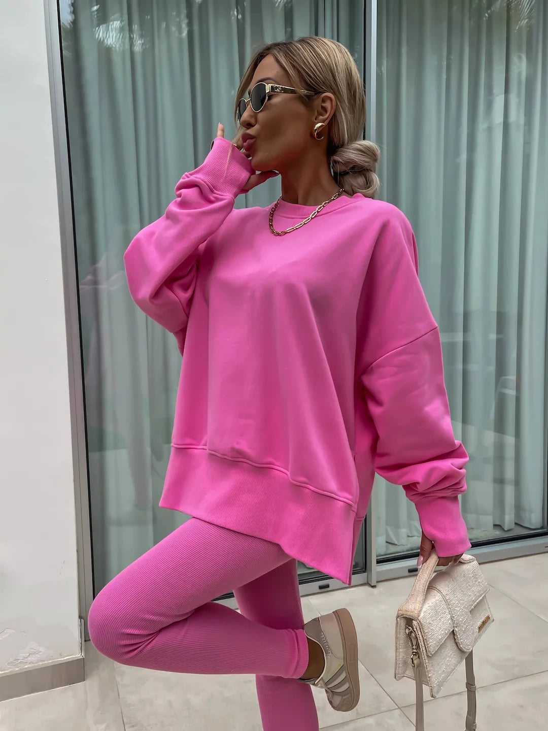 New in Women Tracksuit 2 Piece Sets Autumn Casual Oversized Sweatshirts Slit Fitness Slim High Waist Leggings Hoodie Set Female