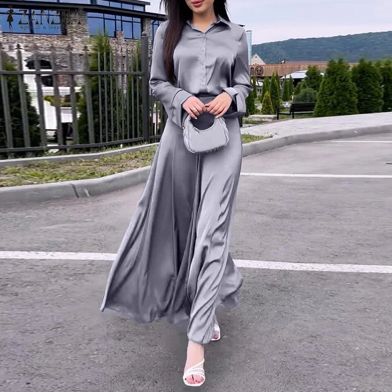 ZANZEA Vintage Satin Silk Dress Suit Fashion Solid Shirt Outfits Swing Skirt Sets Casual Loose Buttons Holiday Office 2pcs Sets