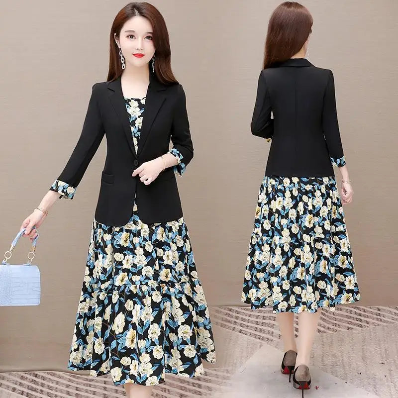 Women's Casual Floral Sling Dress Set 2025 Spring Autumn New Suit Jacket Dresses Two Piece Female Chic Blazers Midi Skirt Set