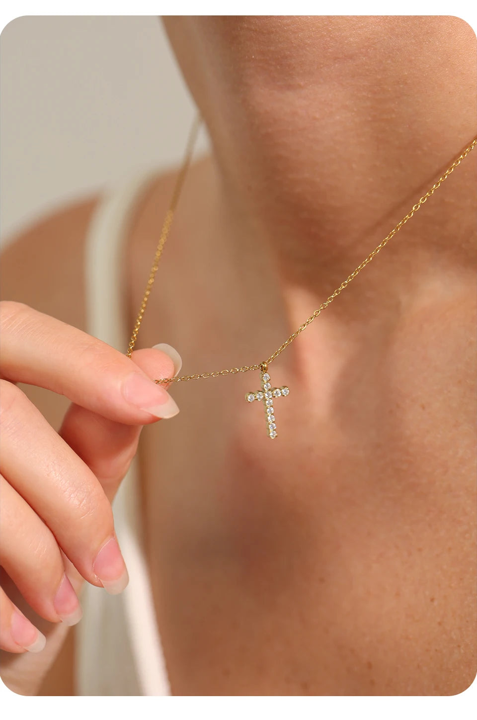 Yhpup Delicate Shiny Cubic Zirconia 316L Cross Pendant Necklace for Women Stainless Steel High Quality Jewelry Water Resistant