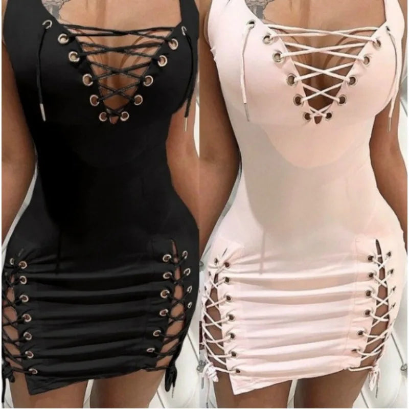 Women's Solid Deep V Slim Strapping Skinny Dress Nightclub Woman Fashion Sleeveless Sexy Spicy Girl High Waist Dresses