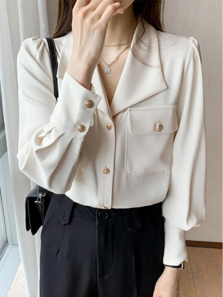 Women's Shirt and Blouse White Dress Shirts Loose Office Outfits Wear To Work Formal Female Tops Full Long Sleeve Button Up Cool