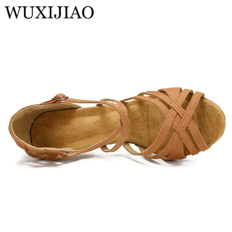 Denim Latin dance shoes, dance shoes, high heels, professional soft soled dance shoes, summer sandals, square dance shoes wo