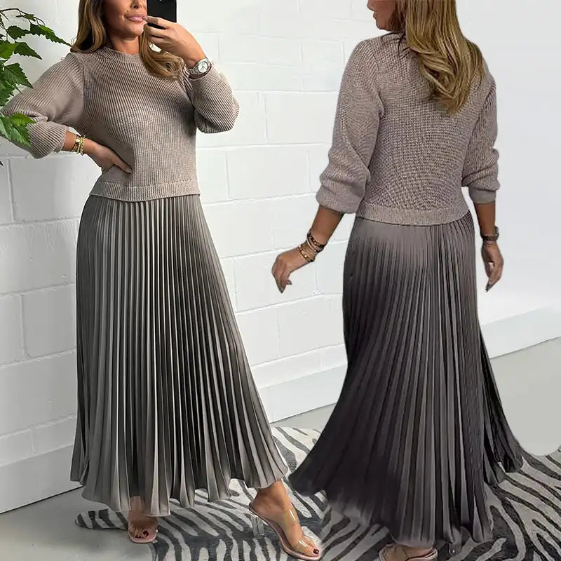 Women’s Pleated Dress Stylish Elegant Round Neck Pleated Dress Solid Color Pleated Long Skirt Bottom Dress