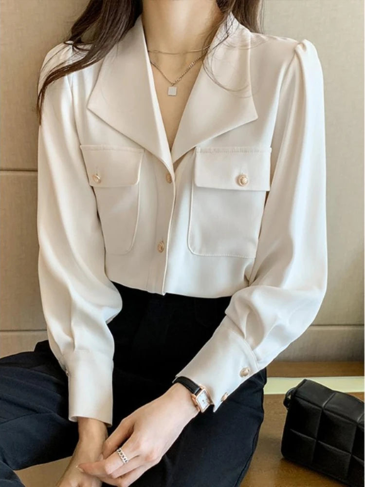 Women's Shirt and Blouse White Dress Shirts Loose Office Outfits Wear To Work Formal Female Tops Full Long Sleeve Button Up Cool