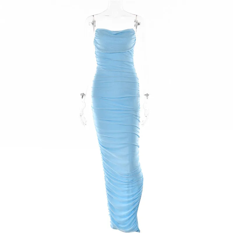 Articat Sexy Strapless Mesh Maxi Dress Women Blue Backless High Slit Ruched Dress Female Autumn 2022 Elegant Party Club Vestidos