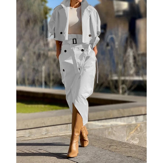 Casual Autumn Women Epaulet Nothched Collar Trench Short Coat & Buttoned Midi Pants Set Cargo Two Pieces Dress Set