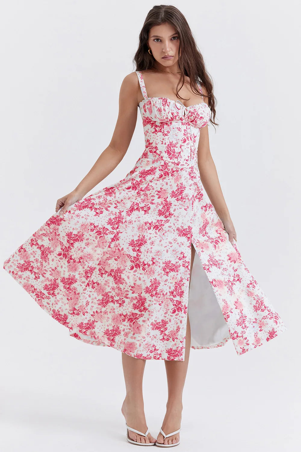 Floral Printed Women Dress Summer Elegant Solid Slim Sleeveless Slip Female Side Split Waist Lady A-line Robe Sexy White Dresses