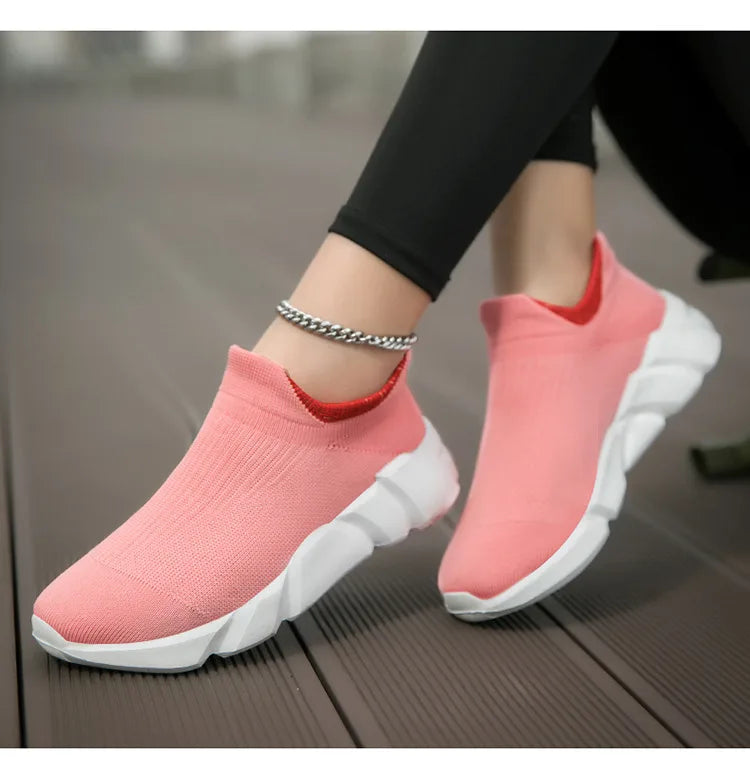 New Pink Women's Casual Sneakers Large Size 36-42 Comfort Breathable Socks Shoes For Women Slip-On Platform Loafer Shoes Womens