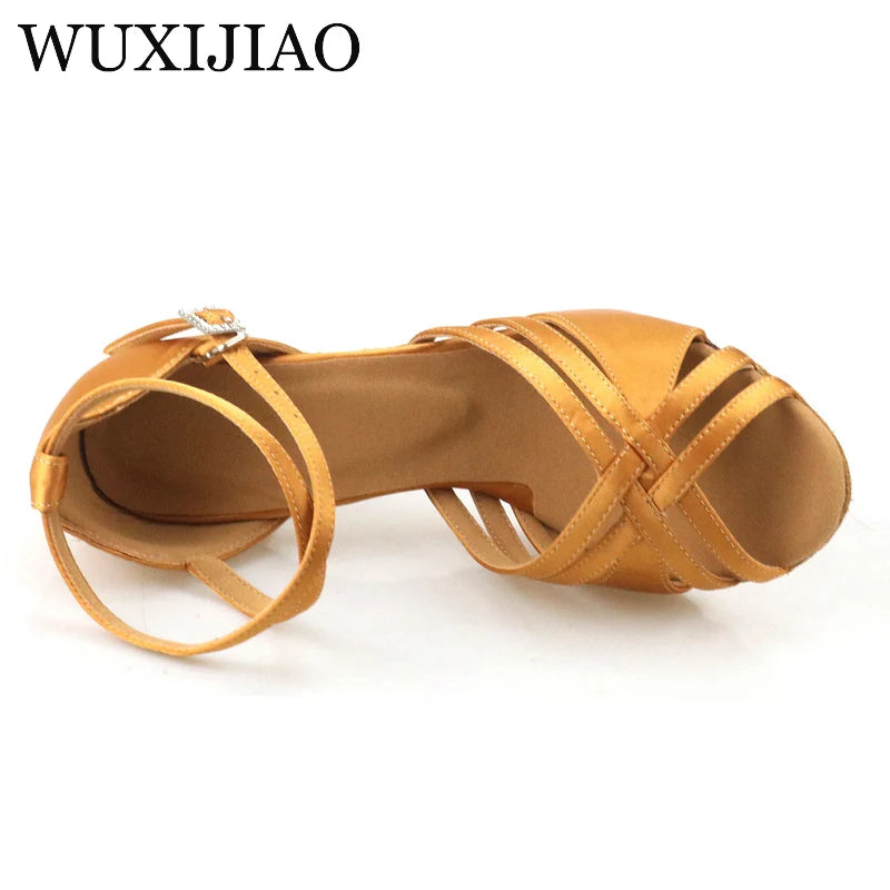 WUXIJIAO Ballroom dance shoes, women's rhinestone dance shoes, tango dance shoes, Sasha Latin dance shoes, bronze heel