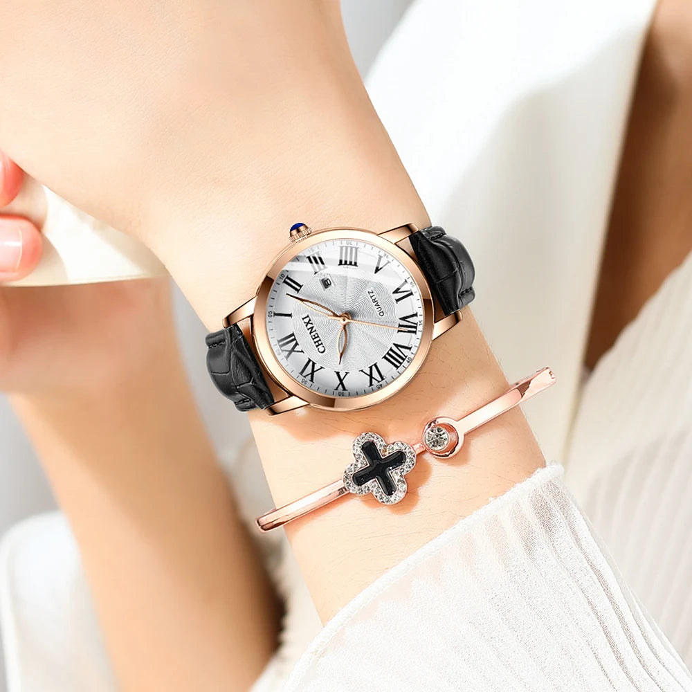 CHENXI Leather Quartz Ladies Watches Top Brand Luxury Casual Watch for Women Waterproof Fashion Leather Analog Womens Wristwatch