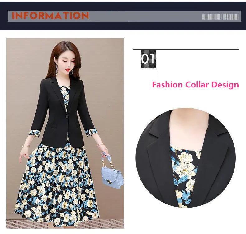 Women's Casual Floral Sling Dress Set 2025 Spring Autumn New Suit Jacket Dresses Two Piece Female Chic Blazers Midi Skirt Set