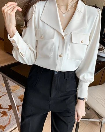 Women's Shirt and Blouse White Dress Shirts Loose Office Outfits Wear To Work Formal Female Tops Full Long Sleeve Button Up Cool