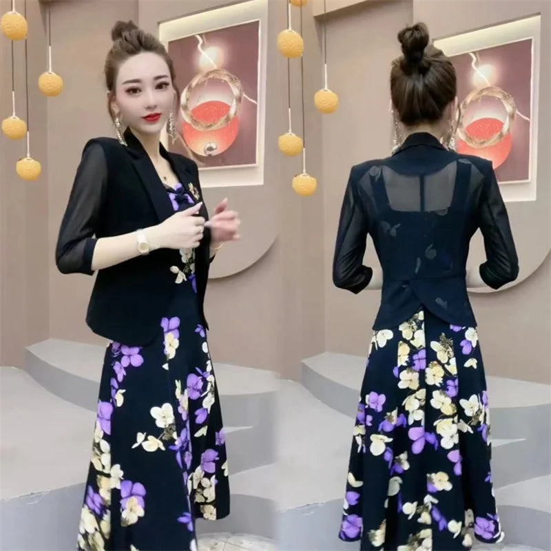 Popular High-End Brooch Blazer Slip Dress Suit Jacket Women's Summer Fashion Blazer Suit Skirt Two-Piece Set Sling Print Dress