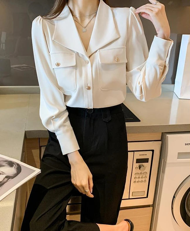 Women's Shirt and Blouse White Dress Shirts Loose Office Outfits Wear To Work Formal Female Tops Full Long Sleeve Button Up Cool