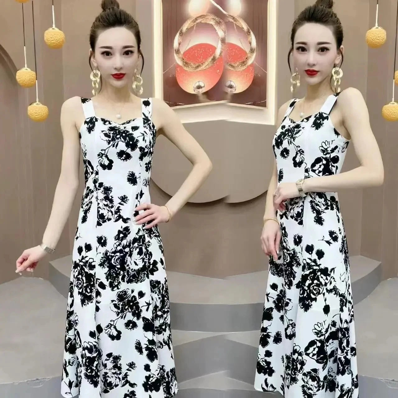 Popular High-End Brooch Blazer Slip Dress Suit Jacket Women's Summer Fashion Blazer Suit Skirt Two-Piece Set Sling Print Dress