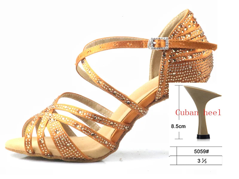 Bronze Rhinestone Latin Dance Shoes Women's Salas Ballroom Shoes Pearl High Heels 9cm Waltz Software Shoes Hot Selling