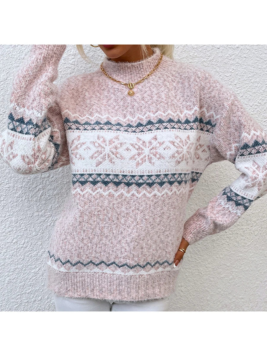 Women s Loose Christmas Sweater Snowflake Print Long Sleeve Half High Neck Pullover Holiday Knitwear