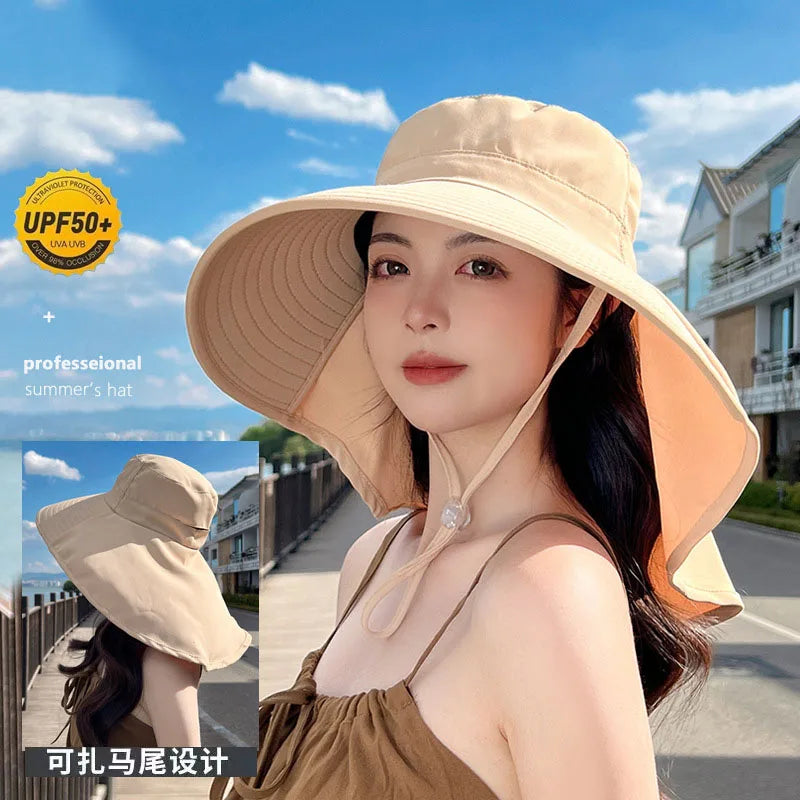 Waterproof Bucket Hats Women Summer Outdoor Sun Protection Ponytail Hole Hat Fashion Korean Large Capes Fisherman Hat Kpop Caps