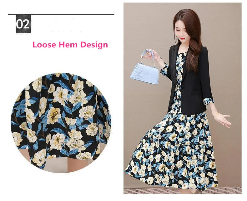 Women's Casual Floral Sling Dress Set 2025 Spring Autumn New Suit Jacket Dresses Two Piece Female Chic Blazers Midi Skirt Set