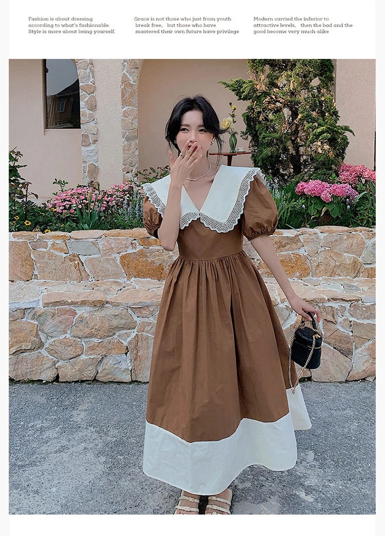 Women Dress Peter Pan Collar Hollow Out Simple Hepburn Korean Style Summer Kawaii College Patchwork Vintage Slim Fashion Preppy