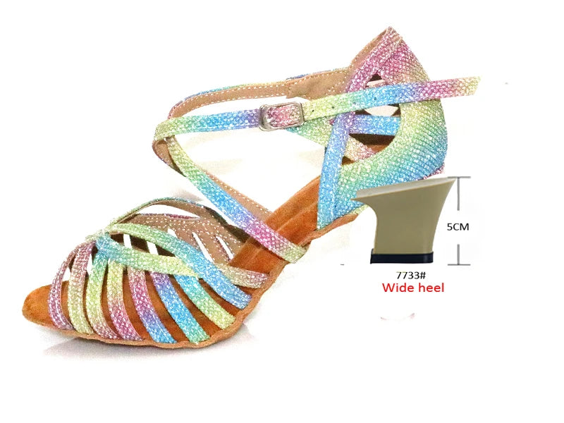 WUXIJIAO Latin Dance Shoes For Women Colorful glitter fabric Salsa Dance Shoes Women's Ballroom Dance Sandals