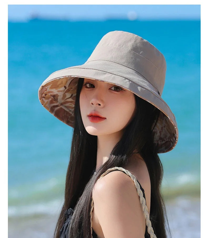 Spring Summer Double-sided Wear Large Brim Fisherman's Hat Hat Women Korea Outdoor Sunscreen Sun  Cotton Breathable Flower