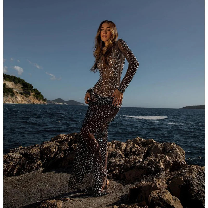 Tossy Glitter Female Cover up Maxi Dress Mesh See-Through Split Fashion Long Sleeve Slim Sexy Beach Cover up Dress For Women New