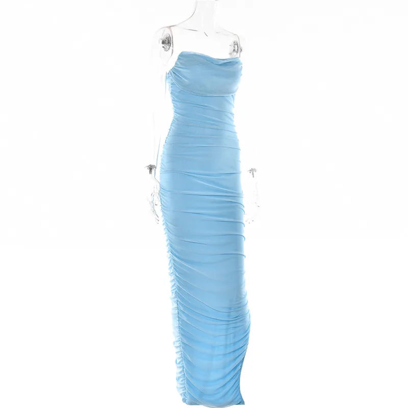 Articat Sexy Strapless Mesh Maxi Dress Women Blue Backless High Slit Ruched Dress Female Autumn 2022 Elegant Party Club Vestidos