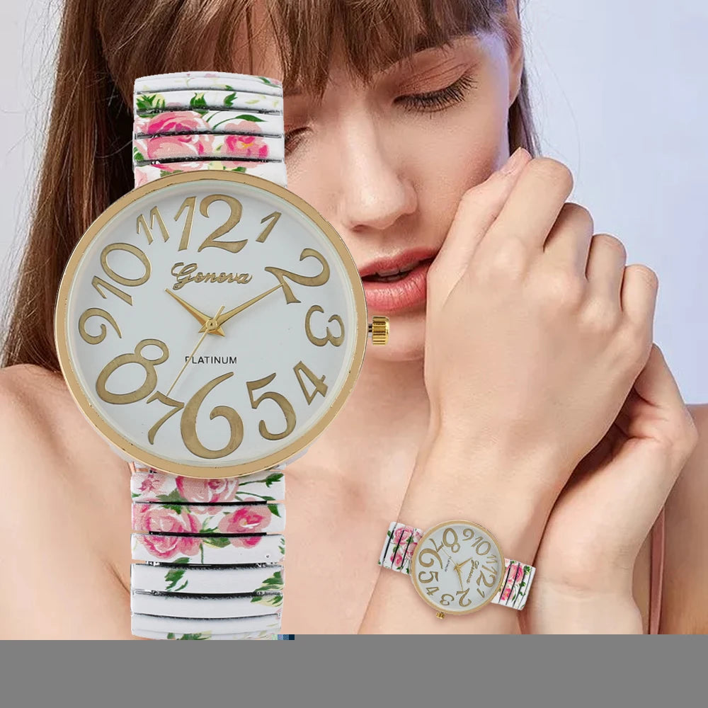 Fashion Women Quartz Watch Large Arabic Number Dial Ladies Wristwatch Unique Elastic Printing Strap Girls Watches Reloj Mujer