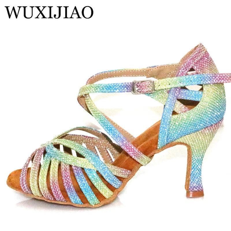 WUXIJIAO Latin Dance Shoes For Women Colorful glitter fabric Salsa Dance Shoes Women's Ballroom Dance Sandals