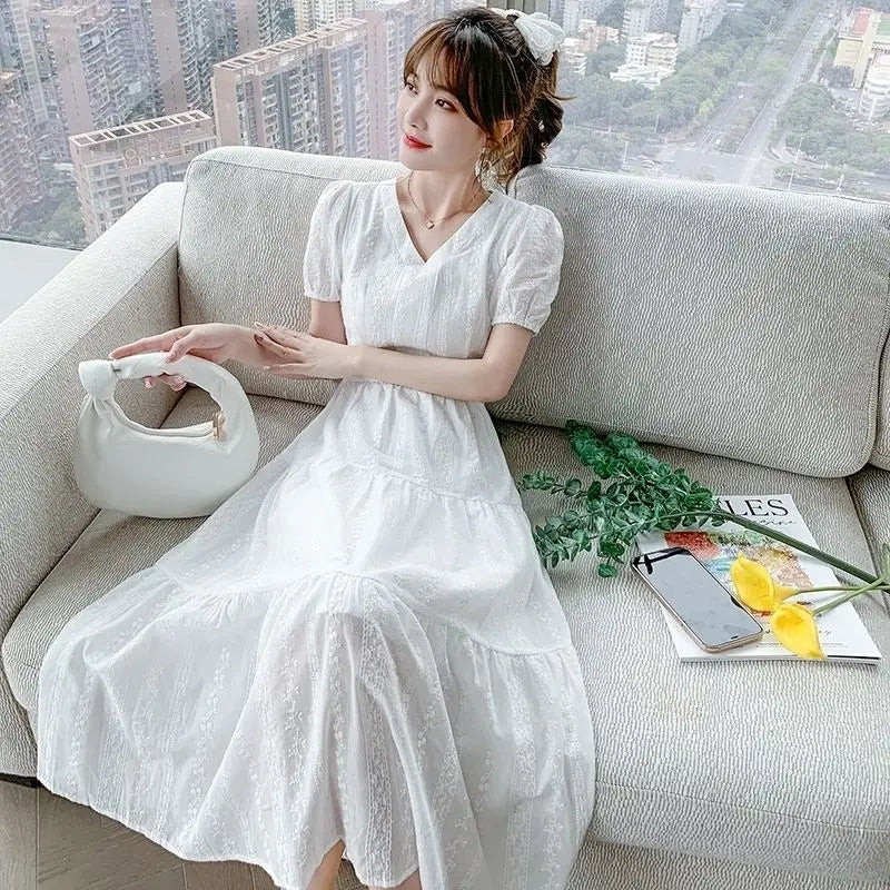 Summer New Pure Cotton V-neck Embroidery Elegant Fashion White Dresses Ladies Short Sleeve Waist Sweet Robe Dress Female Vestido