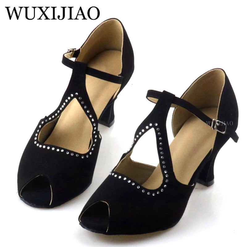 WUXIJIAO Suede Style Ballroom Dance Shoes Women with Black Party ladieslatin dance shoes black Women Latin Dance Shoes