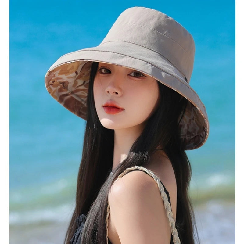 Spring Summer Double-sided Wear Large Brim Fisherman's Hat Hat Women Korea Outdoor Sunscreen Sun  Cotton Breathable Flower