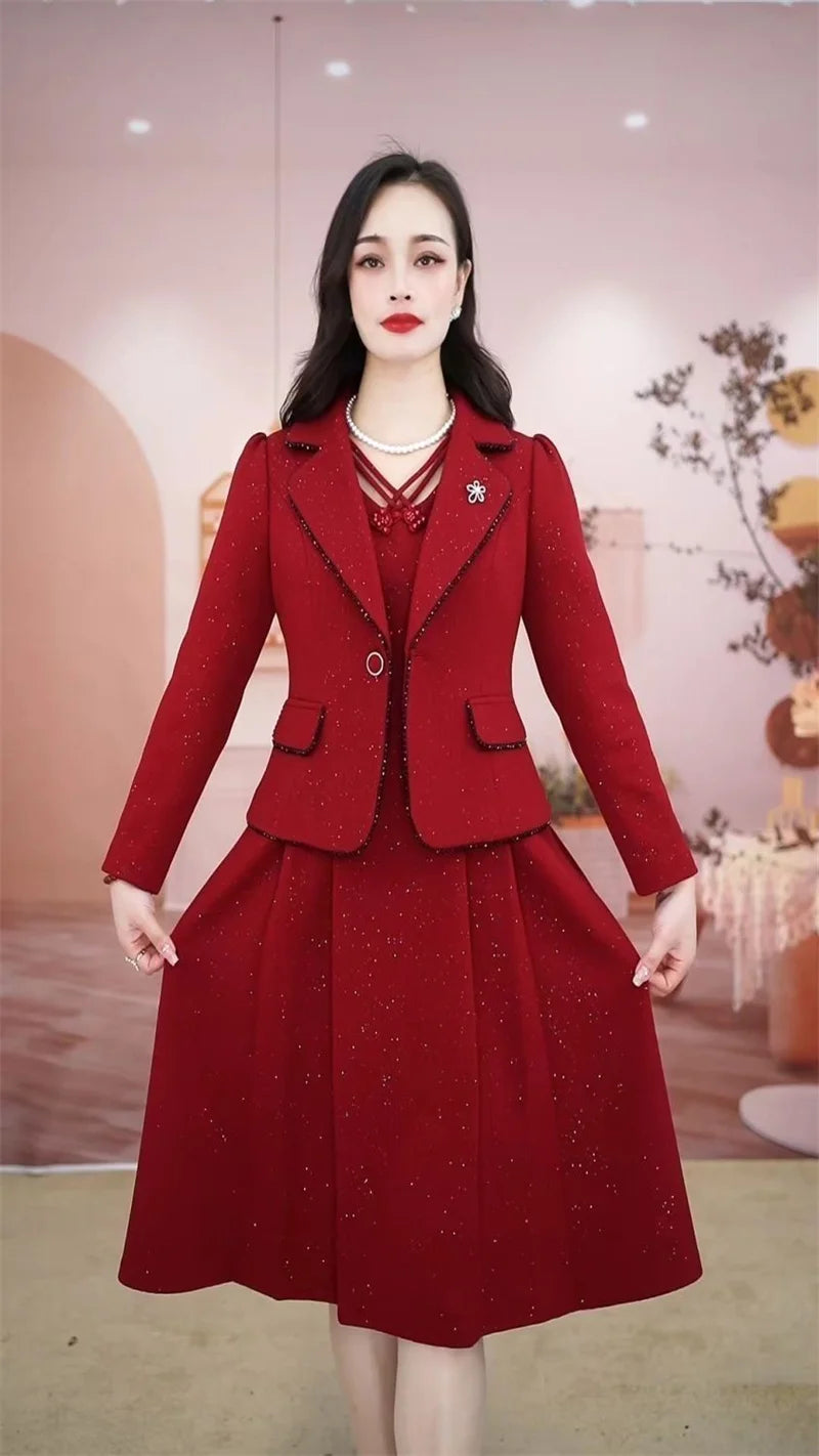 Middle Aged Female Dress Sets Spring Autumn High End Elegant Blazer Coat And Long Dress 2PCS Women OL Temperament Dresses Suit