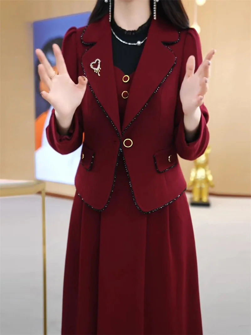 High End Suit Jacket Dress Two-piece Set Women 2024 Spring Autumn Winter New Advanced Red Blazer Coat Long Dress Female Outfit